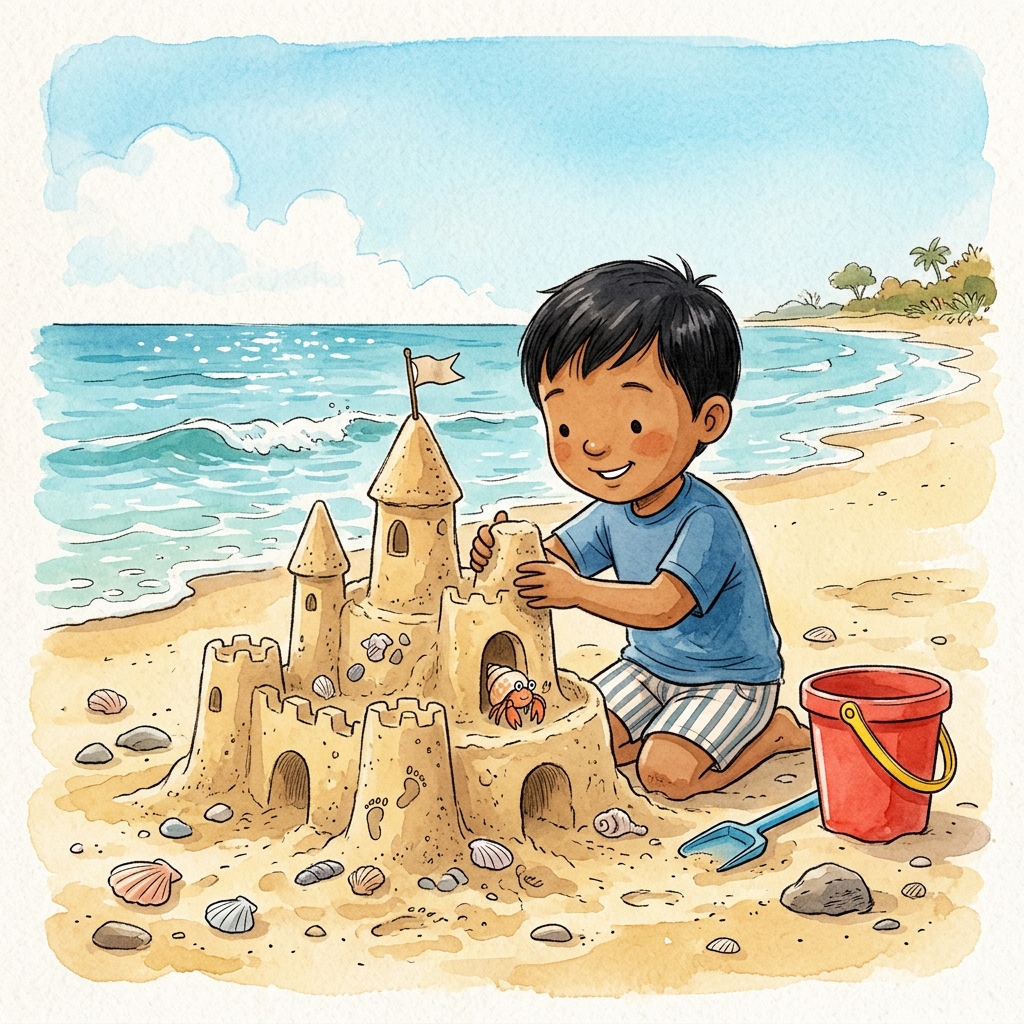 Personalised children's book cover — Kai building a sandcastle on a beach, watercolour storybook style