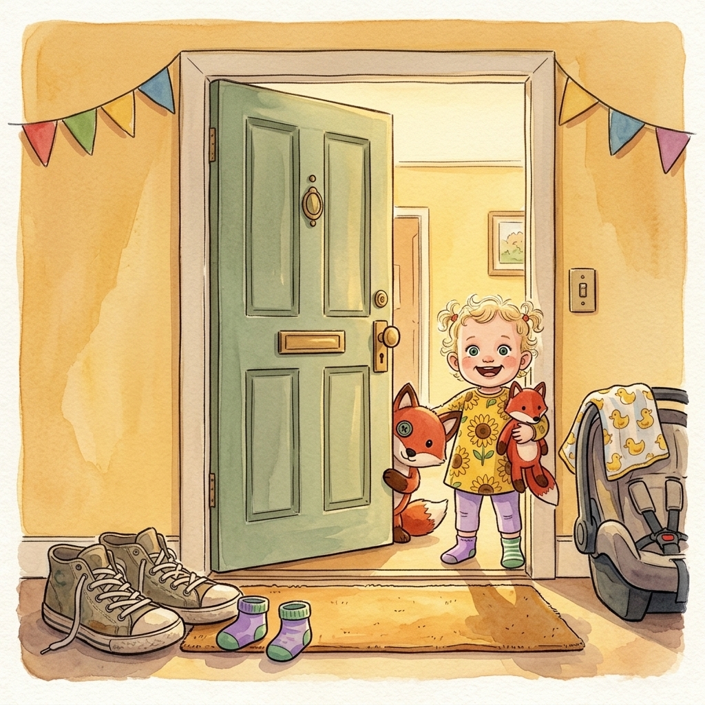 Personalised children's book cover — Rosie at the front door with her toy fox, watercolour storybook style