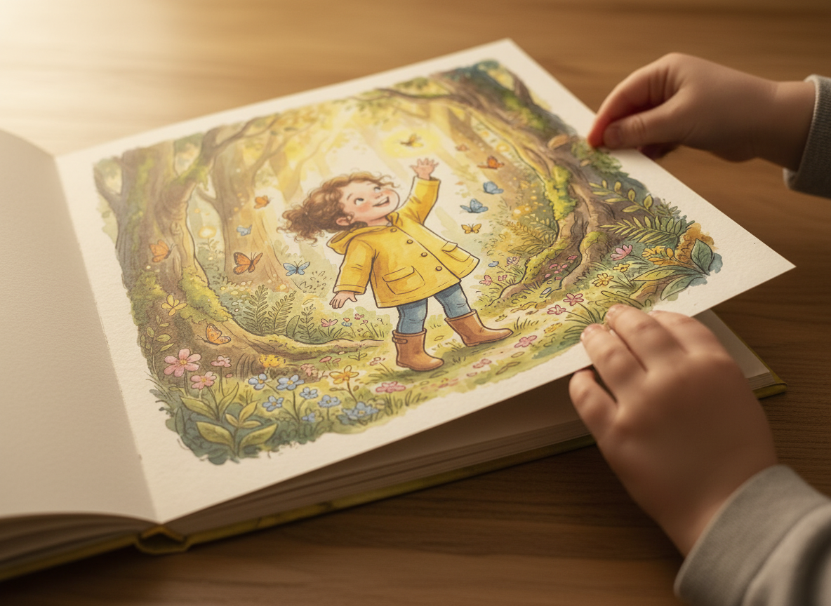 A child's hands turning a watercolour-illustrated page of the open hardcover