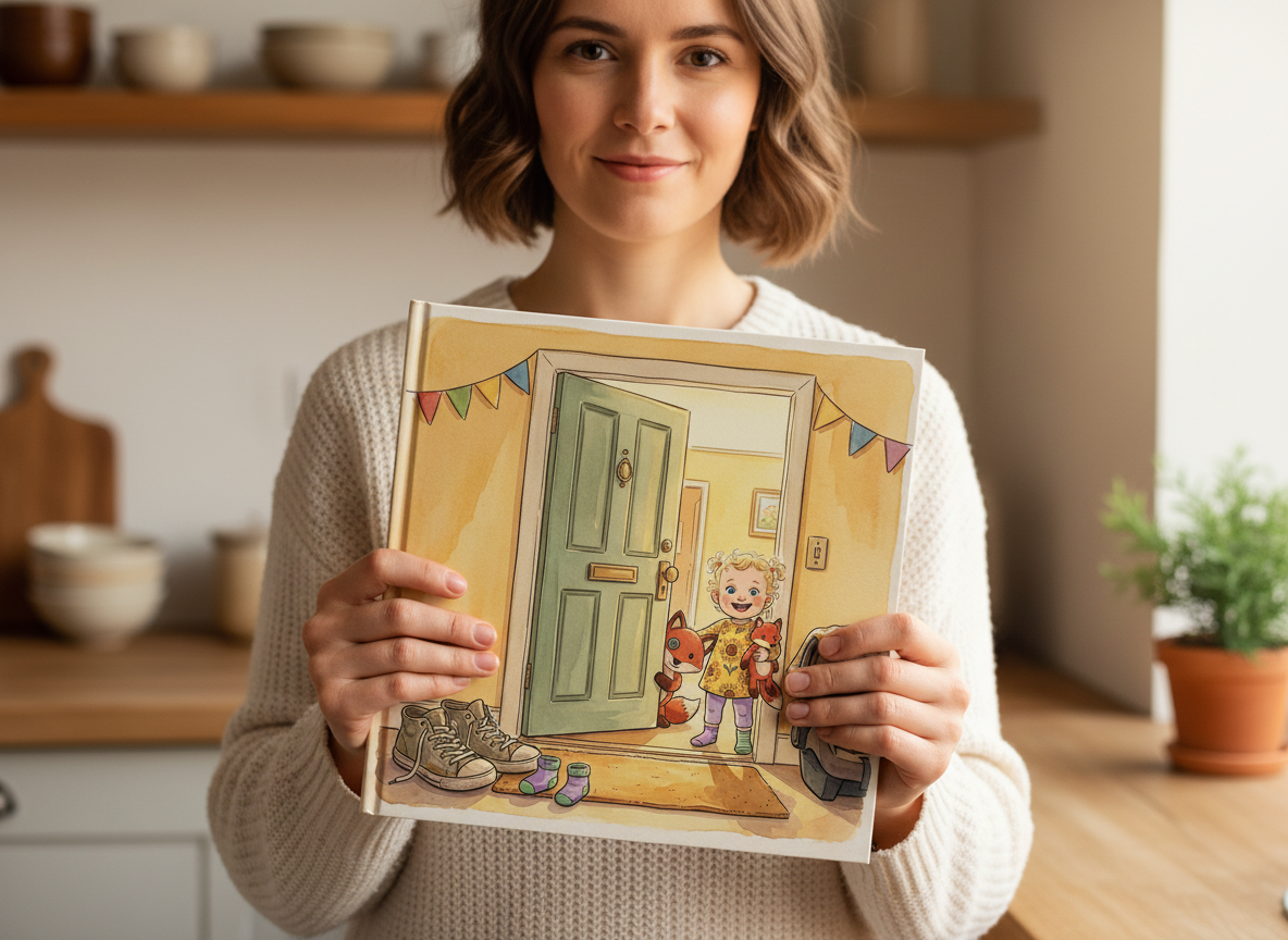 A parent holding the hardcover picture book up to the camera in a warm kitchen