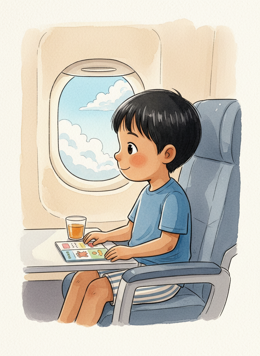 Kai pressing his nose to the airplane window, clouds below
