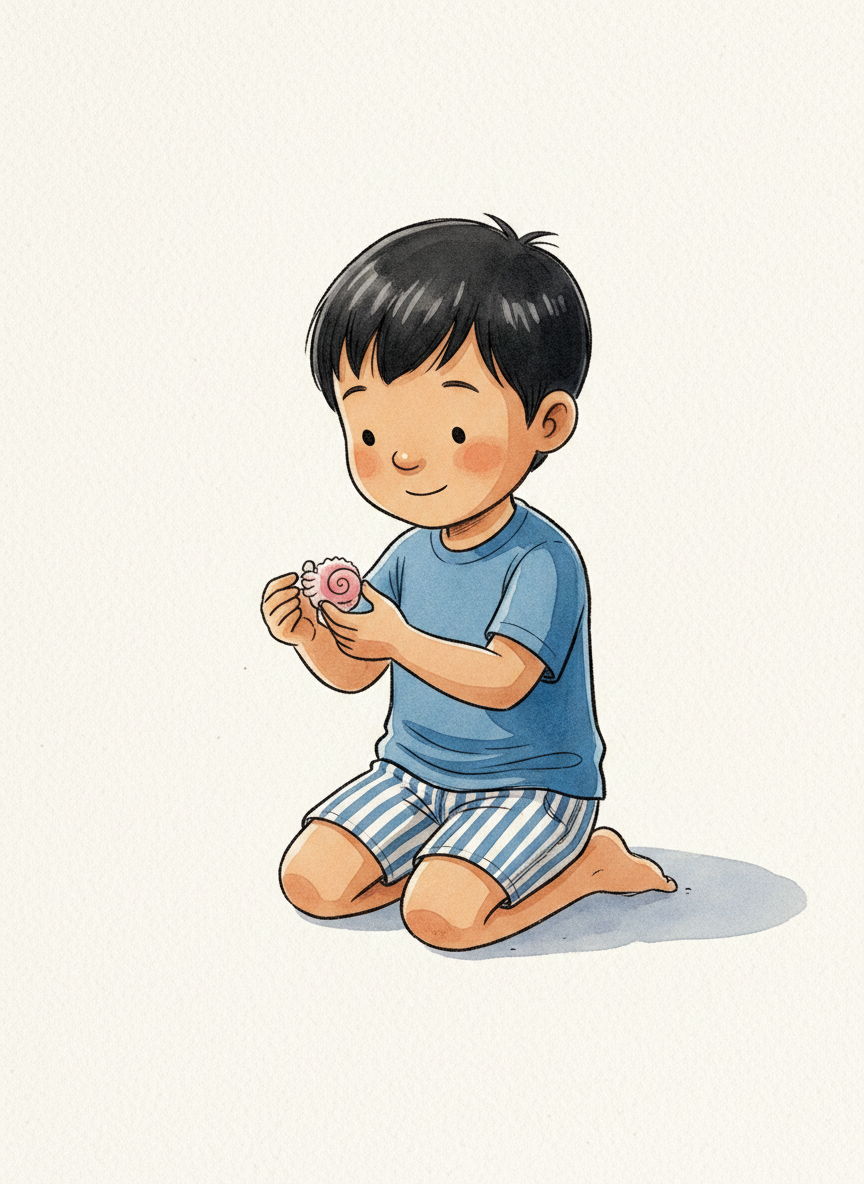 Kai kneeling in white sand examining a pink-spiralled shell, turquoise sea behind him