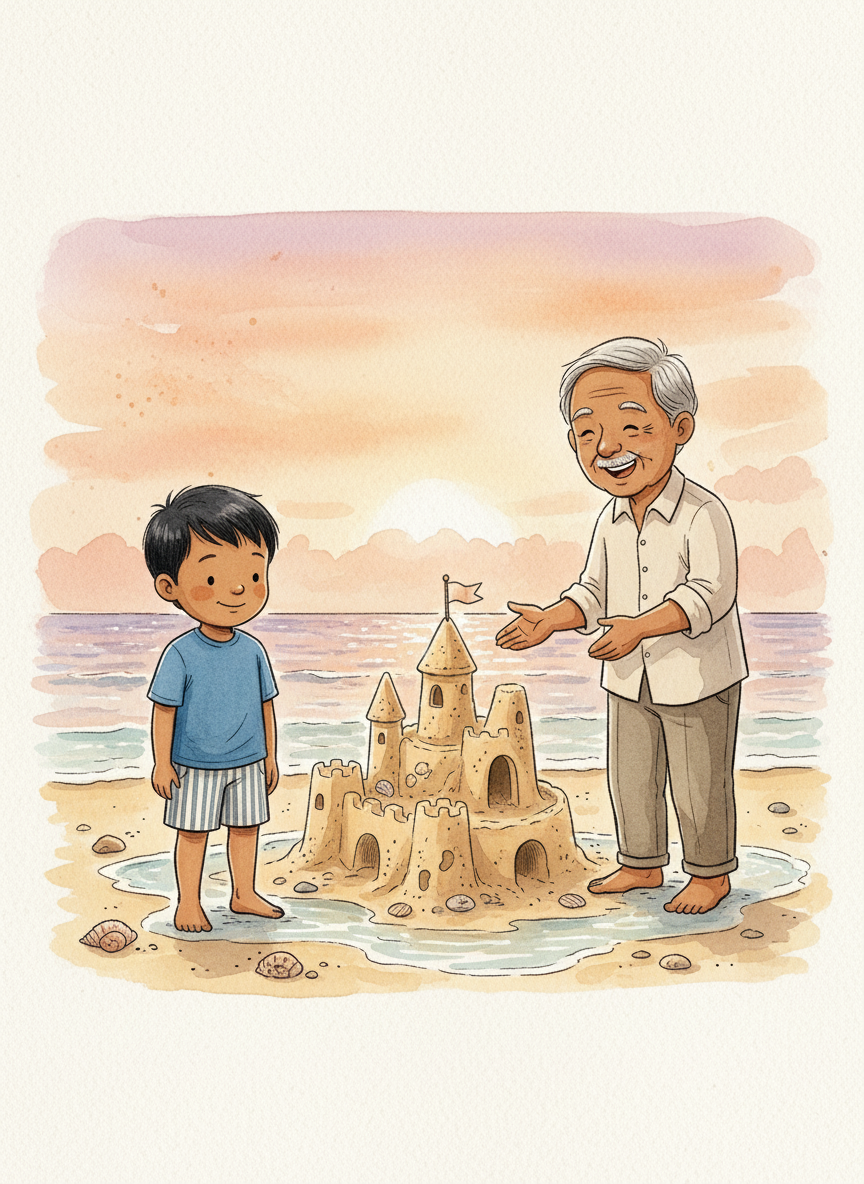 Kai and his grandfather at sunset beside a four-towered sandcastle with a driftwood flag