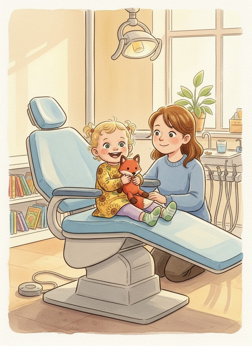 Rosie lifted into the dental chair, clutching her stuffed fox, her mother kneeling beside her