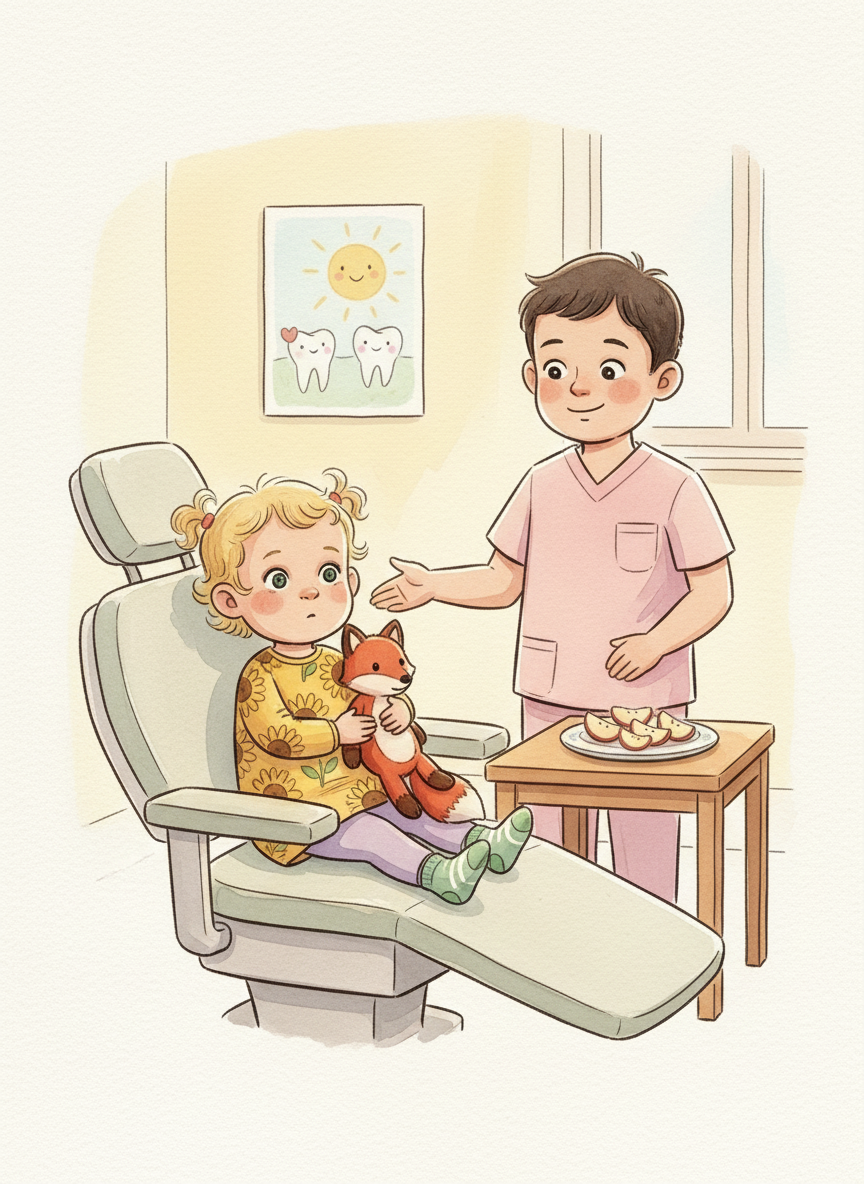 The dentist at her desk with a plate of apple slices, Rosie watching from the chair