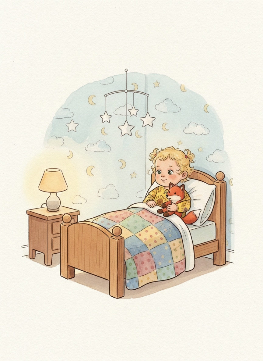 Rosie tucked into bed, whispering to her stuffed fox on the pillow beside her