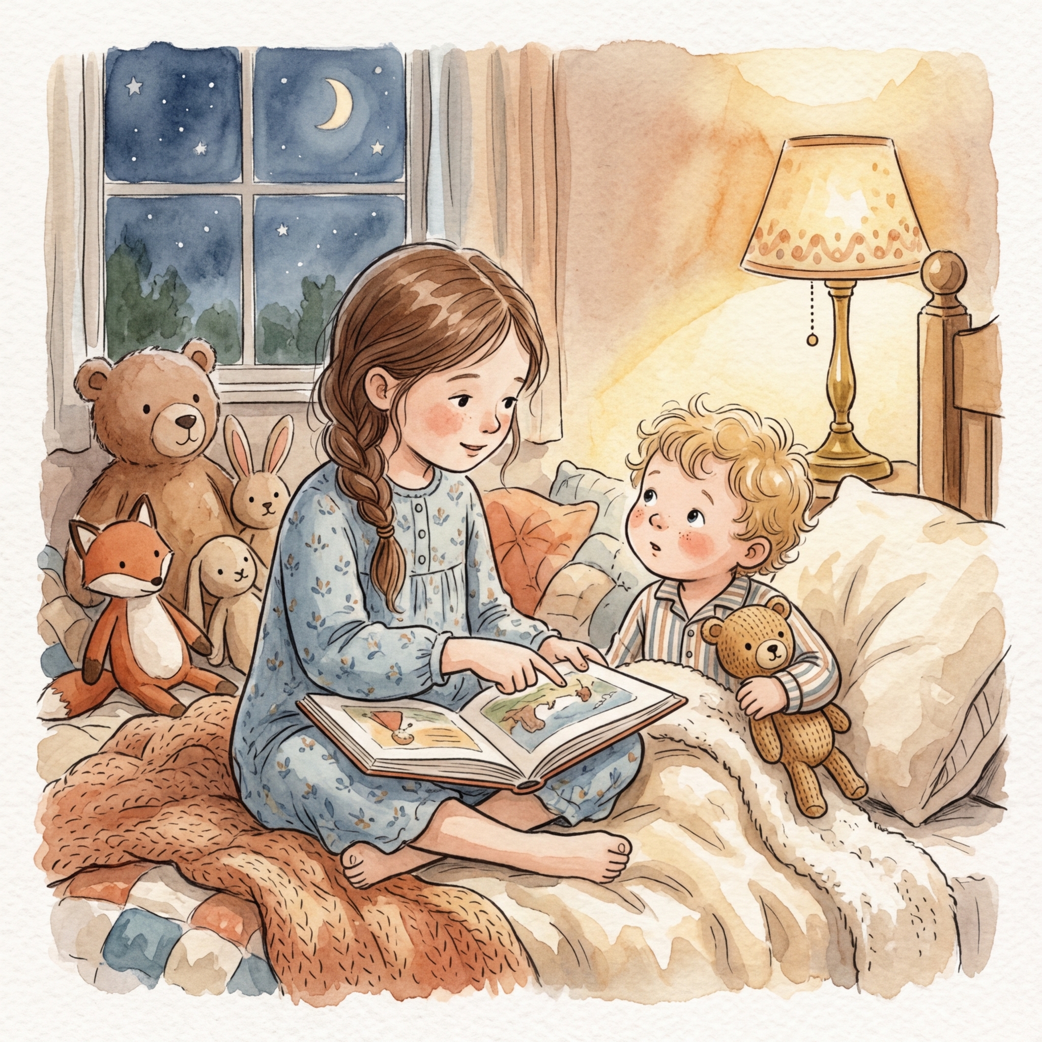 Two children reading a picture book at bedtime